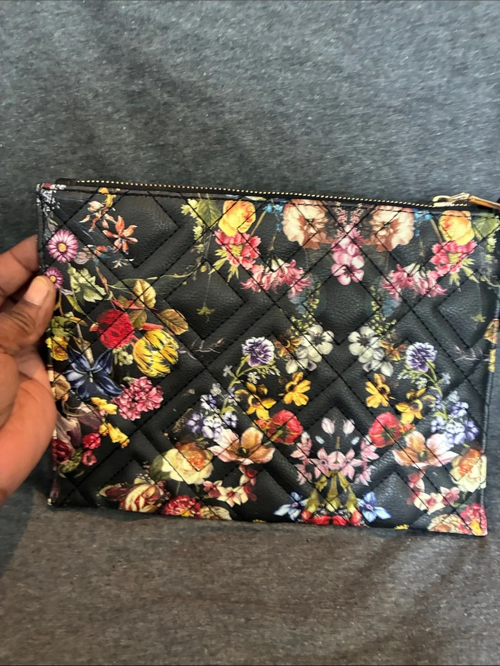 INC International Concepts Black Floral Quilted Wristlet with Pearl Accents